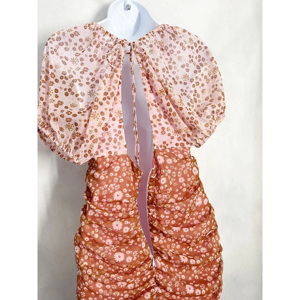 Free‎ People Tessa Floral Ruched Mini Cutout Dress Pink Rust Orange Size Small